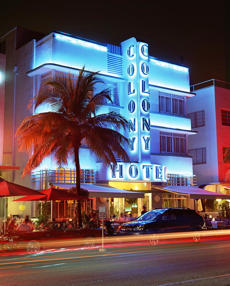 Art deco district at dusk, Ocean Drive, Miami Beach, Miami, Florida, United States of America, North America