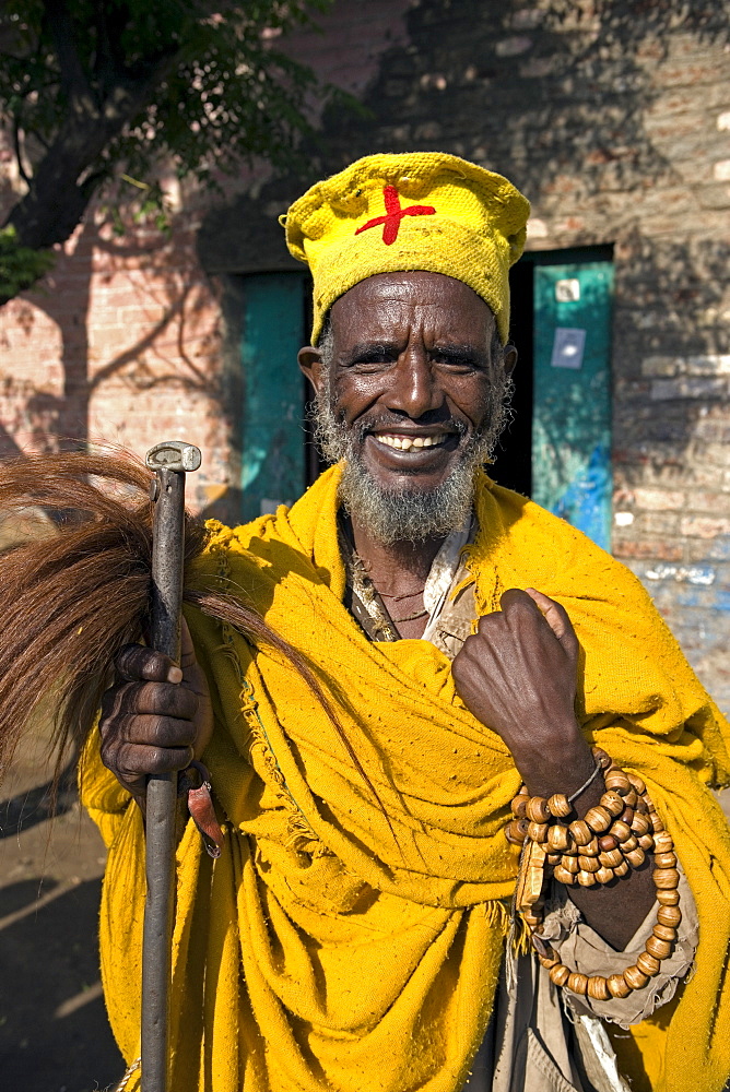 Portait of a Holy man on pilgrimage in Gonder, Gonder, Ethiopia, Africa