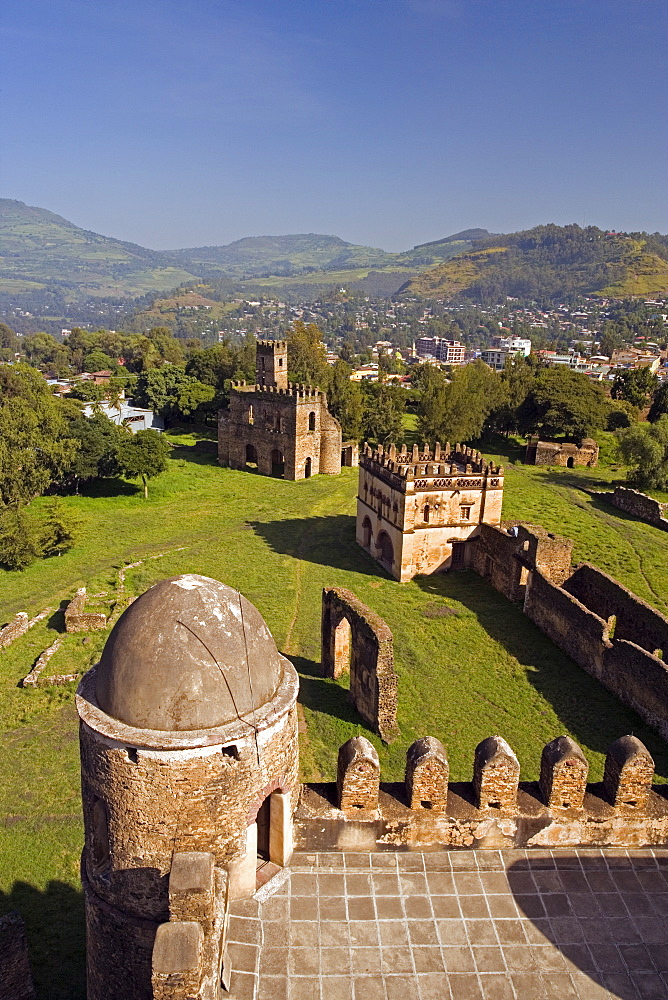 View over Gonder and the Royal Enclosure from the top of Fasiladas' Palace, Gonder, Gonder region, Ethiopia, Africa