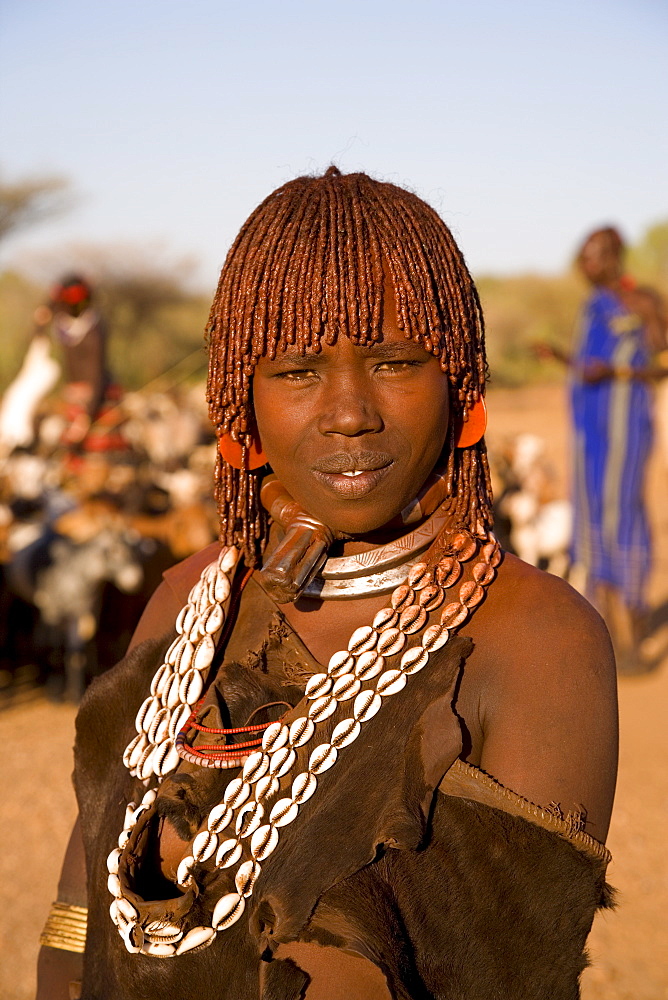 Portrait of a young Hamer woman with goscha (ochre and resin hair tresses), Hamer Tribe, Lower Omo Valley, Southern Ethiopia, Africa