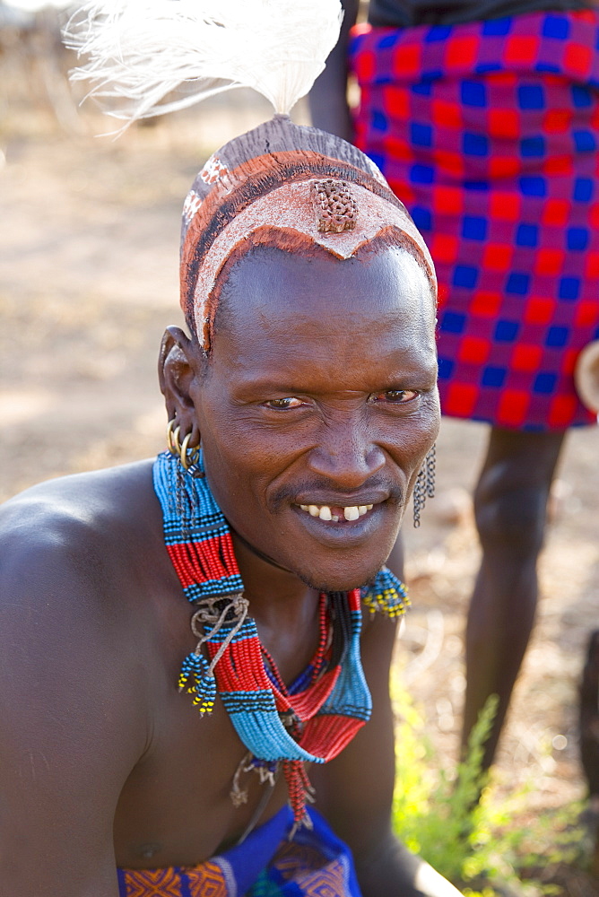 Portrait of a Hamer tribesman with ornate hairstyle of ochre and resin, Hamer Tribe, Turmi, Lower Omo Valley, Ethiopia, Africa