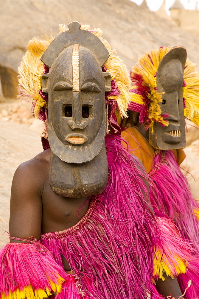 Portrait of masked ceremonial Dogon dancers near Sangha, Bandiagara escarpment, Dogon area, Mali, West Africa, Africa