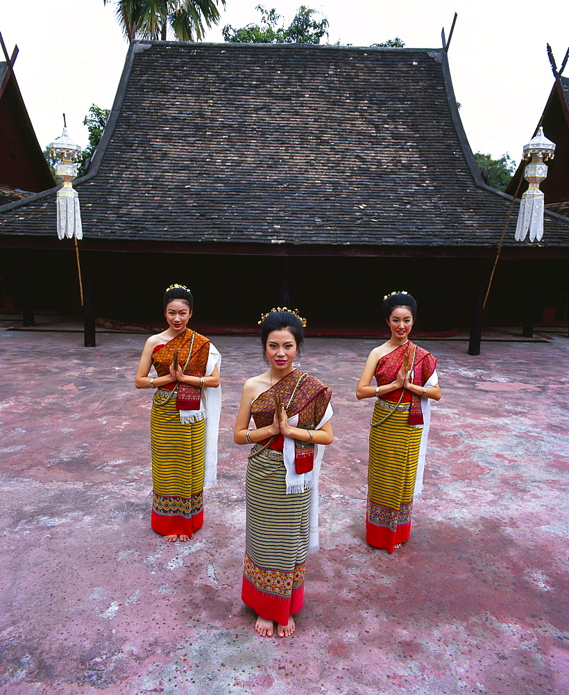 Portrait of three women in traditional Thai costume, Chiang Mai, Thailand, Southeast Asia, Asia