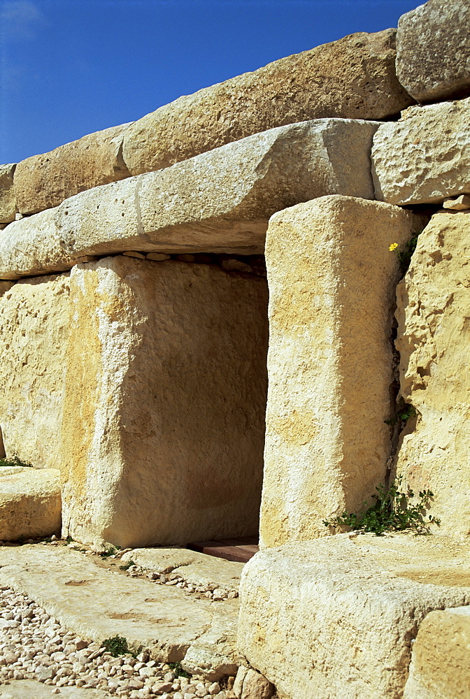 Trilithon doorway, main entrance to megalithic temple dating from around 3000 BC, Hajar Qim (Hagar Qim), UNESCO World Heritage Site, Malta, Europe