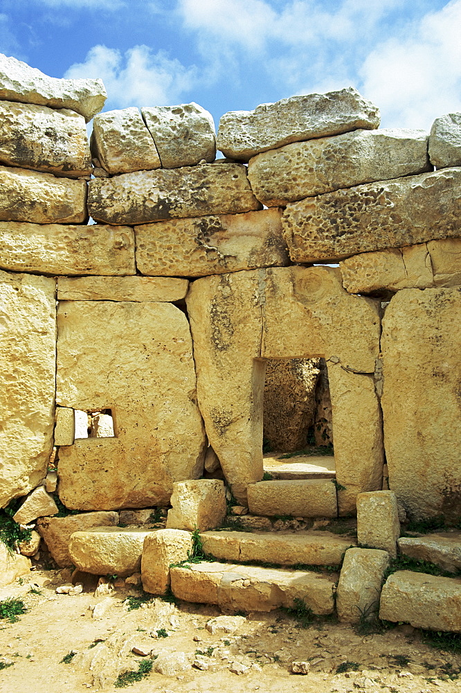 West temple with window stone, megalithic temple dating from around 3000 BC, Mnajdra, UNESCO World Heritage Site, Malta, Europe