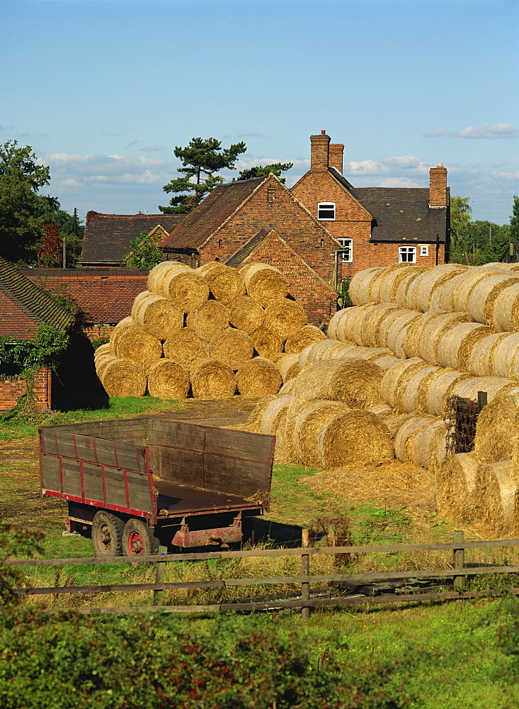 Piles of straw bales and a trailer outside a farm house on an afternoon in autumn near Kingsbury, Warwickshire, England, United Kingdom, Europe