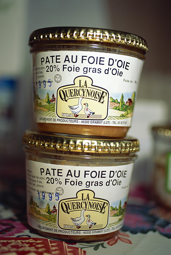 Pate de foie gras for sale in market, Martel, Lot, Midi-Pyrenees, France, Europe