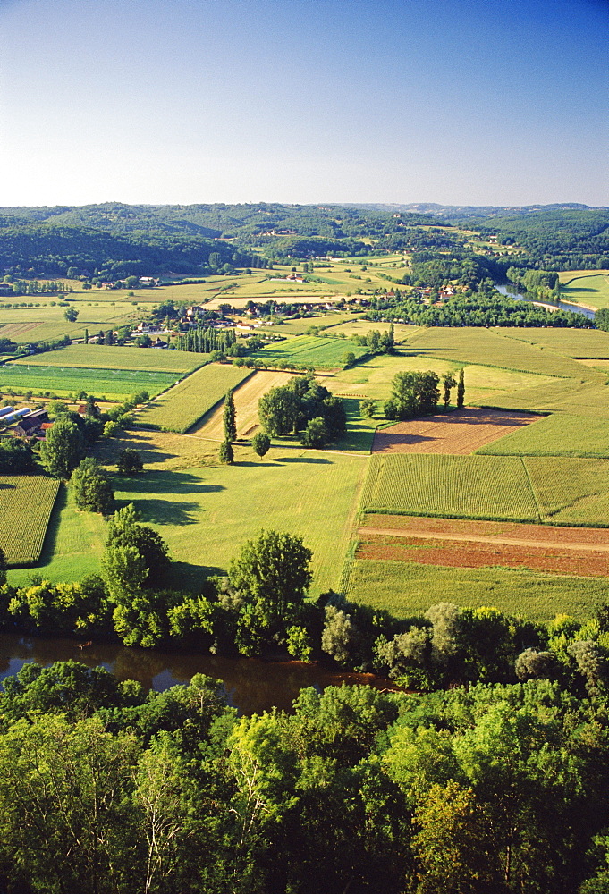 Aerial view of countryside and River Dordogne taken from the bastide town of Domme, Dordogne, Aquitaine, France, Europe