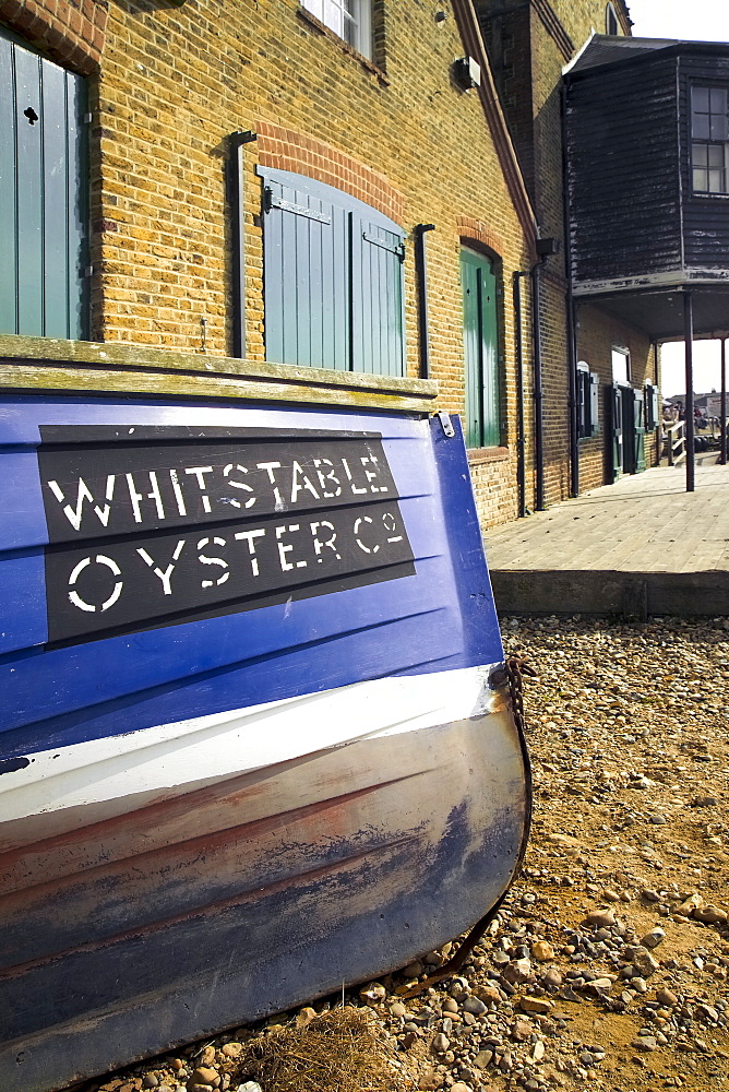 Oyster boat outside the oyster stores on the seafront, Whitstable, Kent, England, United Kingdom, Europe