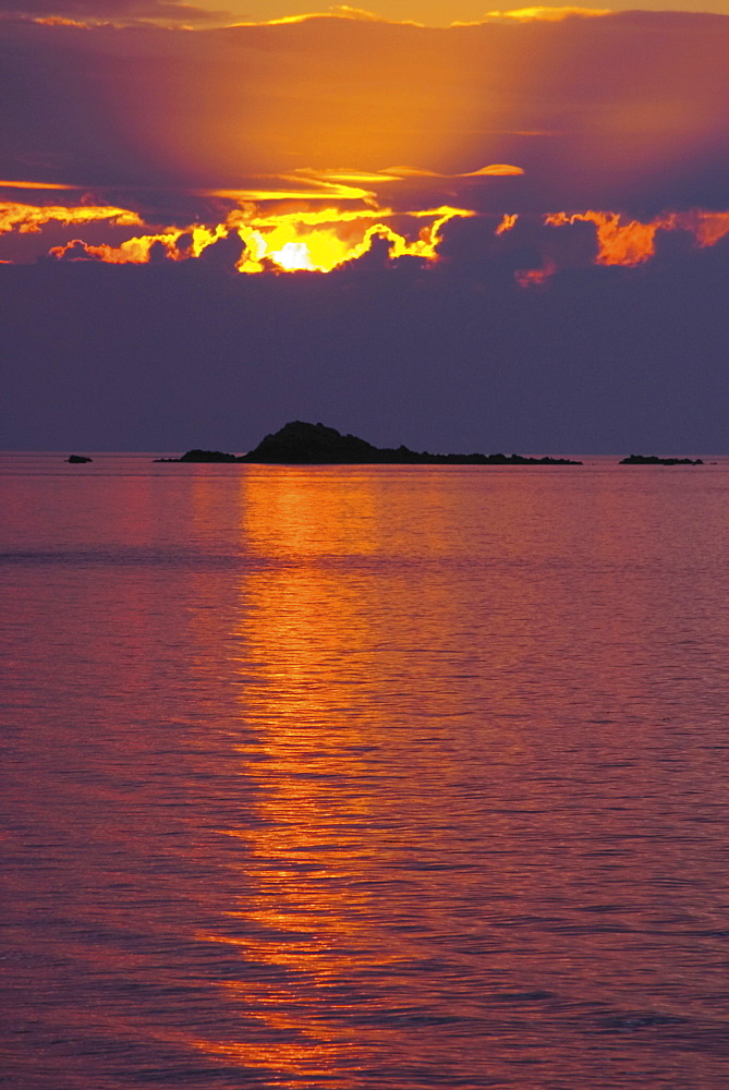 Sunset over sea and offshore islands, Dinard, Cote d'Emeraude (Emerald Coast), Cotes d'Armor, Brittany, France, Europe