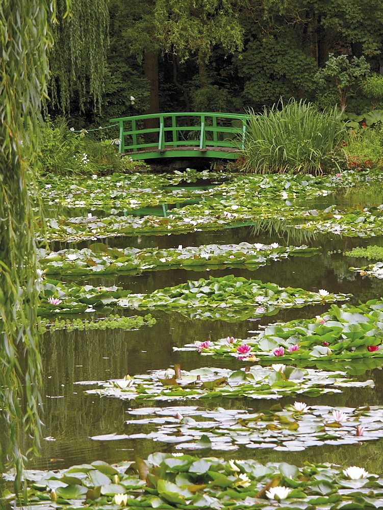 Japanese bridge and lily pond in the garden of the Impressionist painter Claude Monet, Giverny, Eure, Normandy, France, Europe