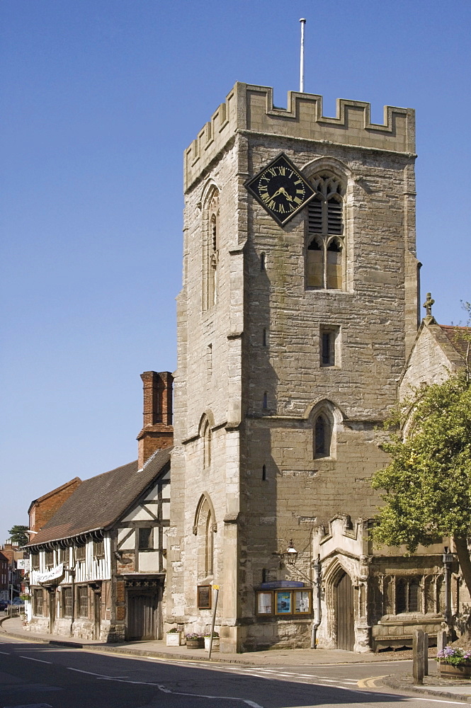 Medieval Tudor guildhall and church of St. John the Baptist, High Street, Henley in Arden, Warwickshire, Midlands, England, United Kingdom, Europe