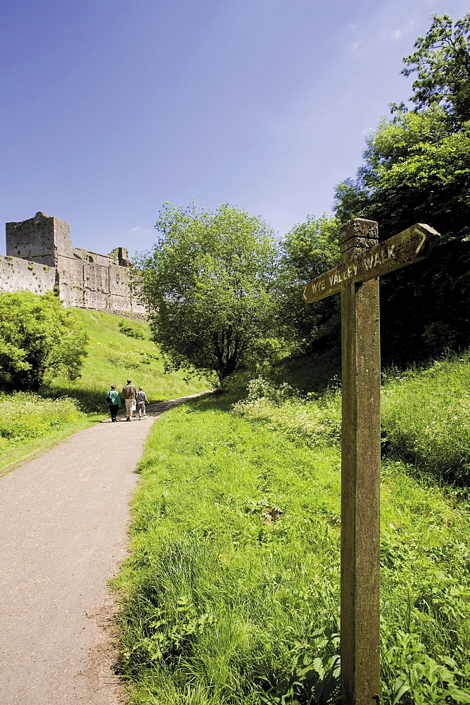 Start of the Wye Valley Walk and Offa's Dyke long distance footpath, Chepstow Castle, Chepstow, Monmouthshire, Wales, United Kingdom, Europe