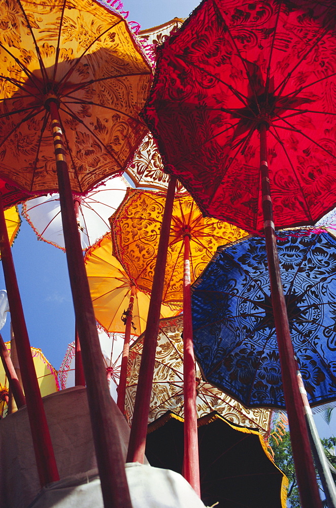 Decorative umbrellas, temple festival, Mas, Bali, Indonesia, Asia