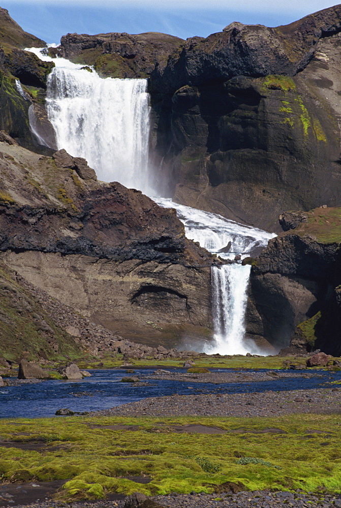 Ofaerufoss, the waterfall over basalt at Eldgja, after collapse of rock bridge, in Iceland, Polar Regions