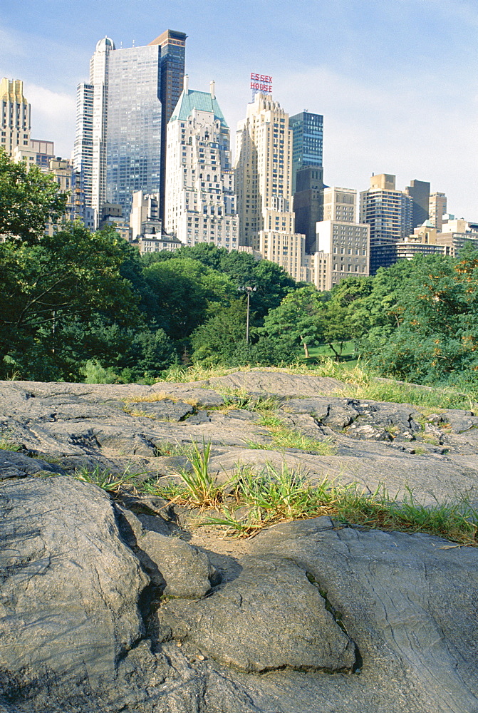 Outcrop of Manhattan gneiss which forms bedrock for skyscrapers, Central Park, New York City, New York, United States of America (U.S.A.), North America