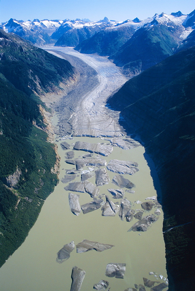 Glacier flowing from the Juneau Icefield to the proglacial lake, Alaska, USA