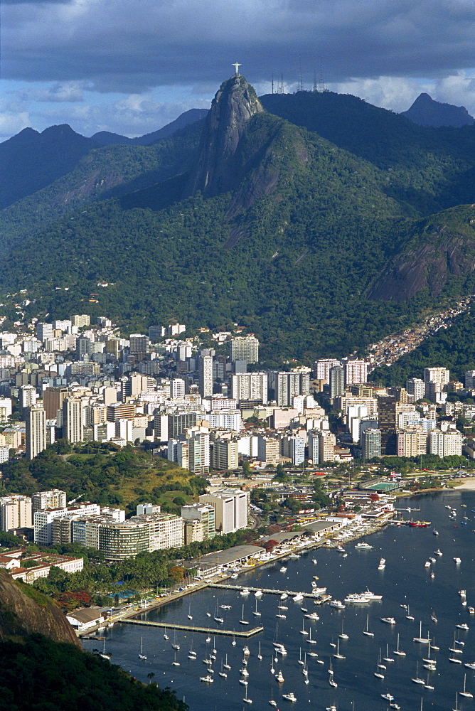 Overlooking Corcovado Mountain and the Botafogo District of Rio de Janeiro from Sugarloaf (Sugar Loaf) Mountain, Brazil, South America