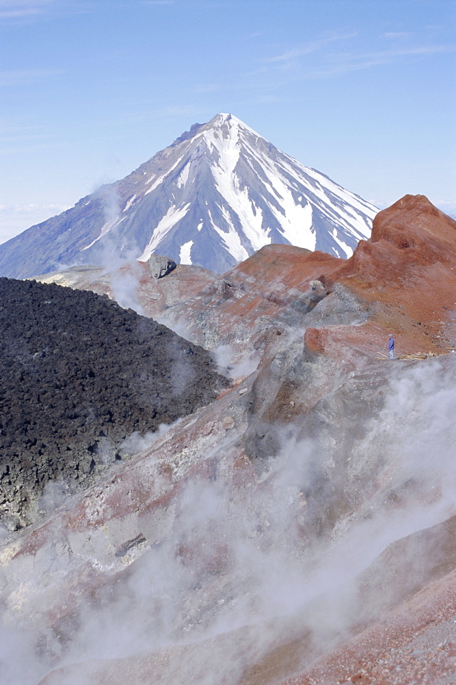 Avacha volcano, lava plug formed in crater in 1991, Koryaksky volcano beyond, Kamchatka, East Siberia, Russia