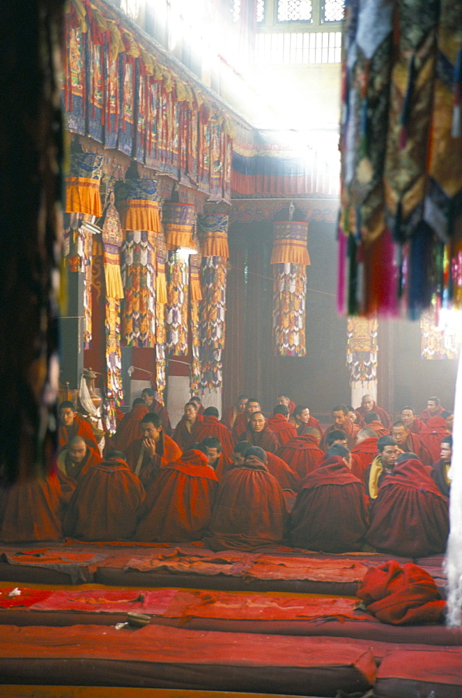 Monks inside the main prayer hall, Drepung Buddhist monastery, Lhasa, Tibet, China, Asia