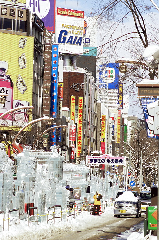 Ice sculptures in Susukino street, Yuki Matsuri (Snow Festival), Sapporo, Hokkaido, Japan, Asia