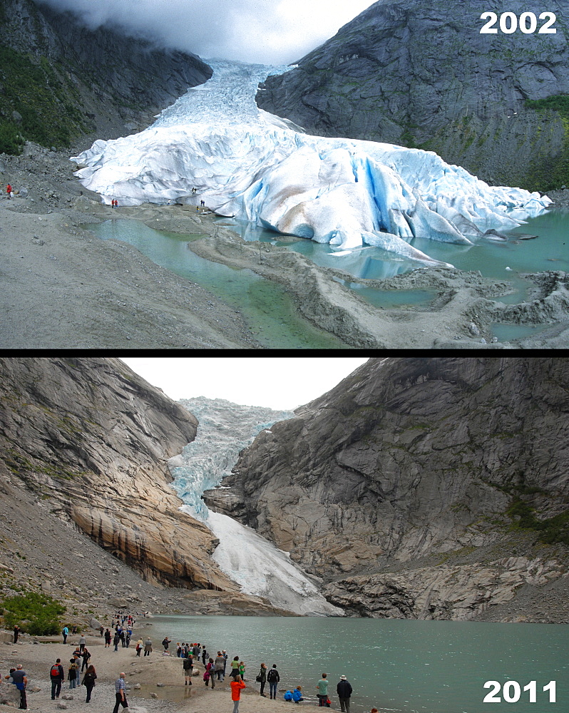 Retreat of Briksdal Glacier (Briksdalsbreen), western Josterdalsbreen, Olden, Norway, Scandinavia, Europe