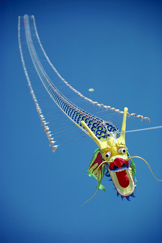 Close-up of low-flying kite, Venice Beach Kite Festival, Los Angeles, California, United States of America, North America