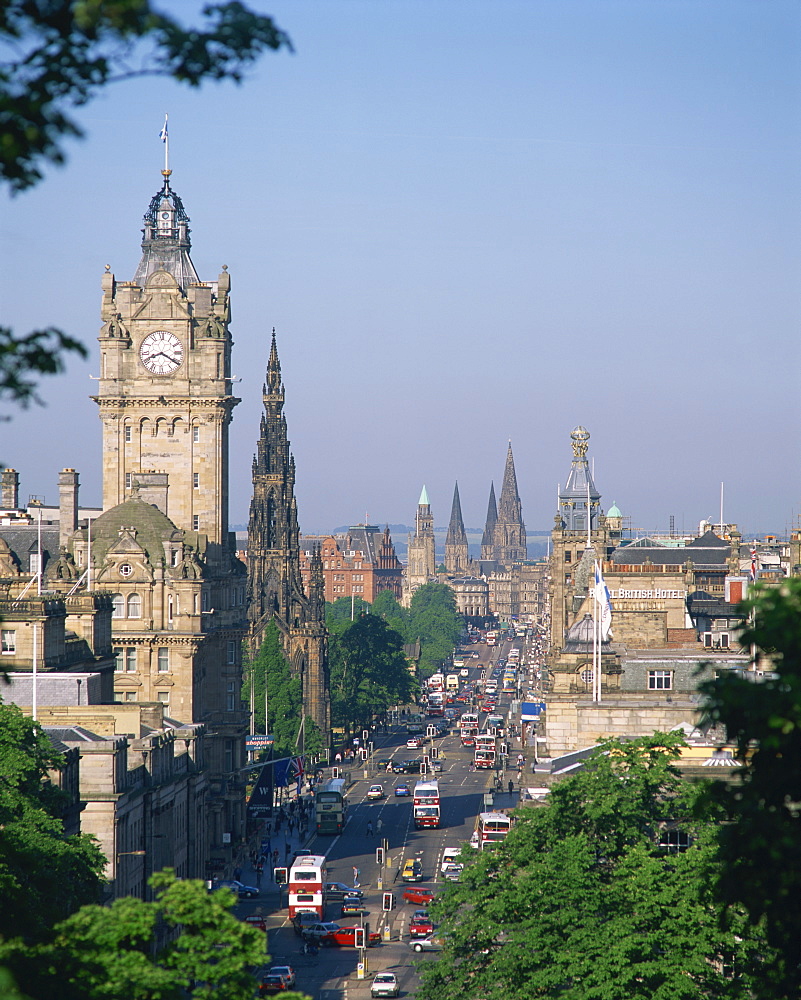 Aerial view over Princes Street including the Waverley Hotel clock tower, Edinburgh, Lothian, Scotland, United Kingdom, Europe