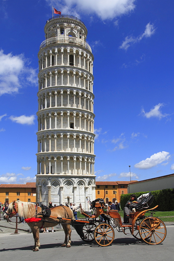 Horse and carriage by Leaning Tower, UNESCO World Heritage Site, Pisa, Tuscany, Italy, Europe