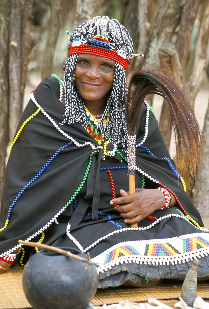 Sangoma (diviner or spirit medium), Zulu village, Zululand, South Africa, Africa