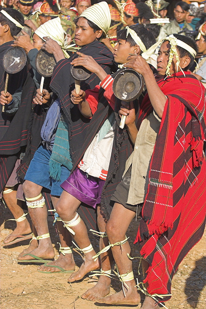 Naga men dancing, Naga New Year Festival, Lahe village, Sagaing Division, Myanmar (Burma), Asia