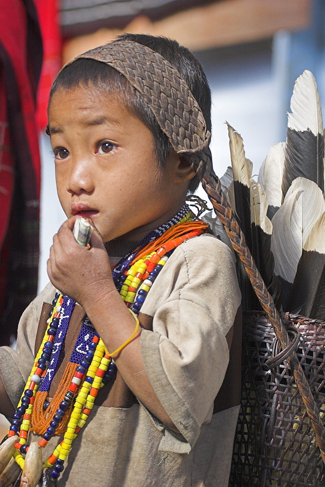 Naga boy carrying basket of hornbill feathers on his back, Naga New Year Festival, Lahe village, Sagaing Division, Myanmar (Burma), Asia