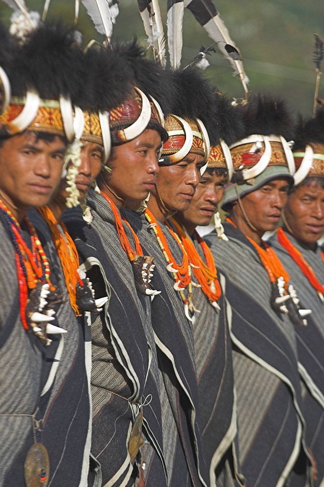 Naga tribal groups lined up waiting for the arrival of the General, (the shorts are not part of their traditional clothes but supplied by the govenment, for them to wear in place of their traditional loin cloth), wearing headdresses  made of woven cane decorated with wildboar teeth, bear fur and topped with hornbill feather, with tiger jaw necklaces,  Naga New Year Festival,  Lahe village, Sagaing Division, Myanmar (Burma), Asia