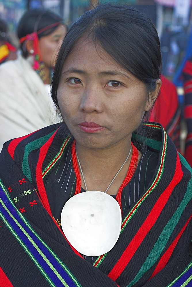 Naga lady wearing conch shell necklace, Naga New Year Festival, Lahe village, Sagaing Division, Myanmar (Burma), Asia