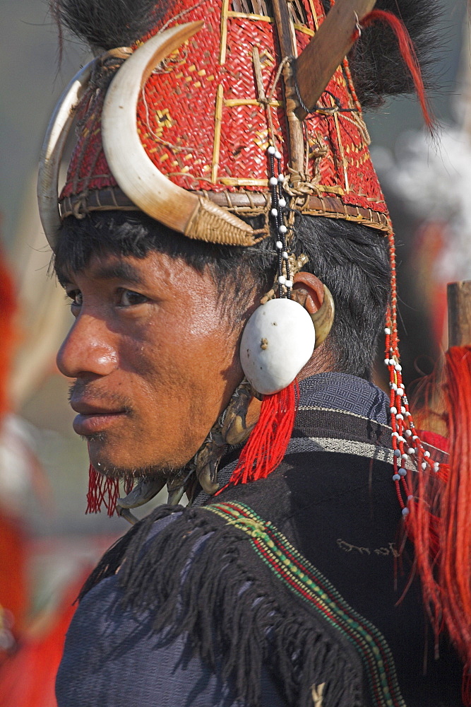 Naga man in headdress of woven cane decorated with wild boar teeth, Mithan horns (wild cow) and bear fur, wearing conch shell ear ornament with a tiger claw chin strap, Naga New Year Festival, Lahe village, Sagaing Division, Myanmar (Burma), Asia