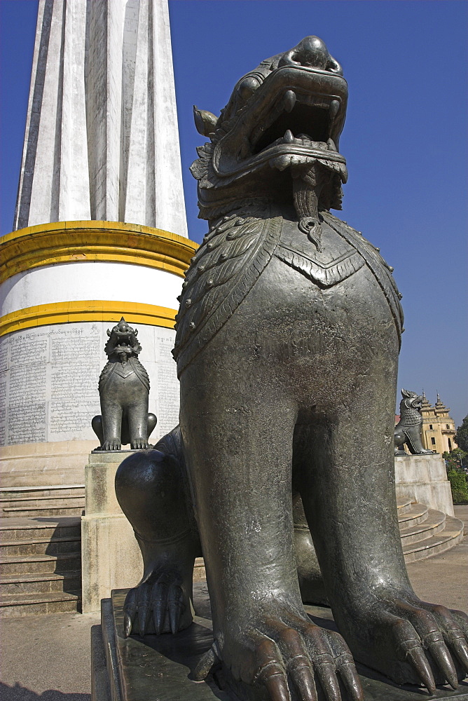 Mahabandoola Garden, half lion, half dragon stone sculptures around Independence Monument, Yangon, Myanmar (Burma), Asia