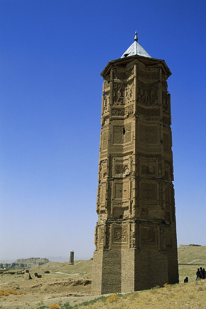 The minaret of Bahram Shah, one of two minarets built by Sultan Mas'ud III and Bahram Shah with square Kufic and Noshki script, that served as models for the minaret of Jam, and believed to have originally been part of mosques, Ghazni, Afghanistan, Asia