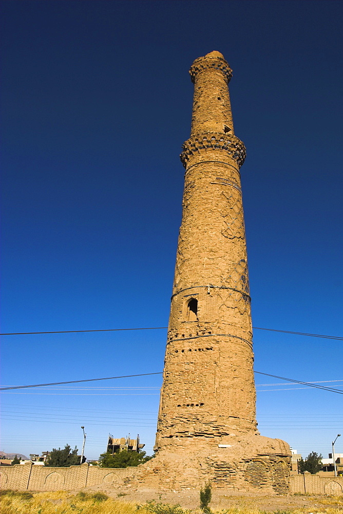 Minaret supported by steel cables to prevent it from collapse, a project undertaken by UNESCO and local experts in 2003, The Mousallah Complex, Herat, Herat Province, Afghanistan, Asia