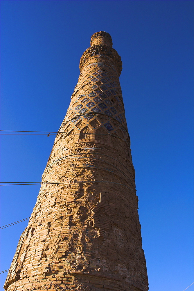 Minaret supported by steel cables to prevent it from collapse, a project undertaken by UNESCO and local experts in 2003, The Mousallah Complex, Herat, Herat Province, Afghanistan, Asia