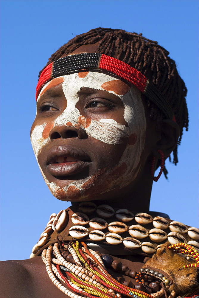 Portrait of a woman with face painting, Mago National Park, Lower Omo Valley, Ethiopia, Africa