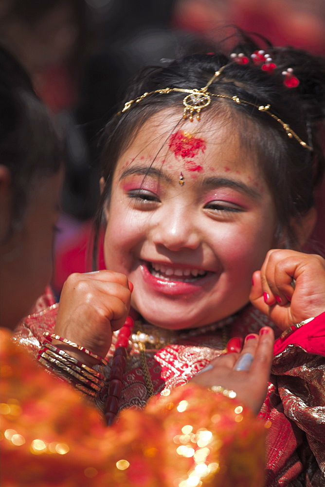 Portriat of a young girl, Kumari (Living Goddess festival), Durbar Square, Kathmandu, Nepal, Asia