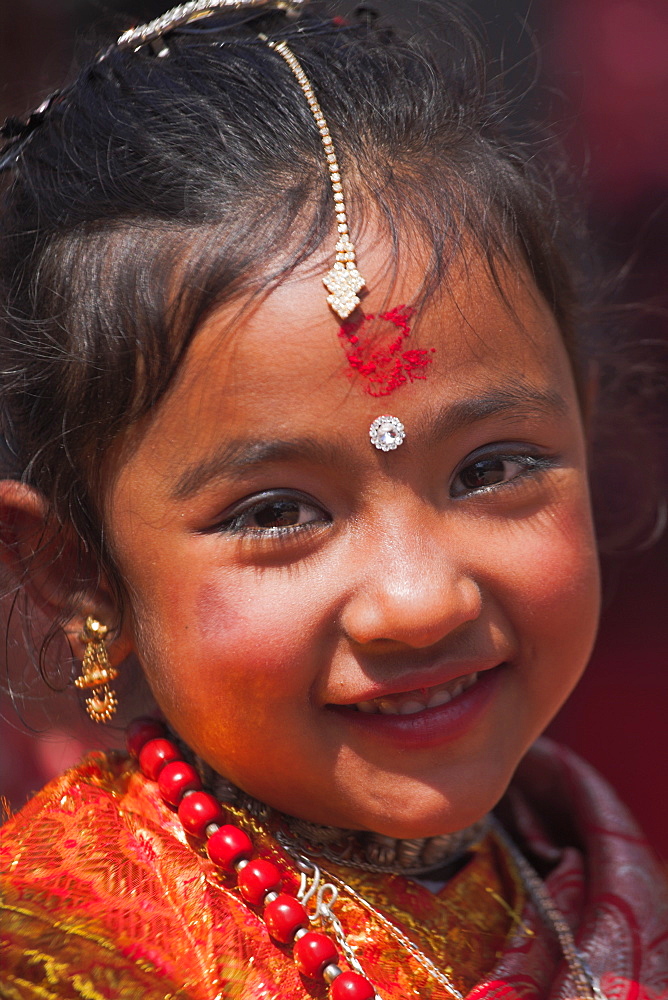 Girl at Kumari (living goddess) festival, Durbar Square, Kathmandu, Nepal, Asia