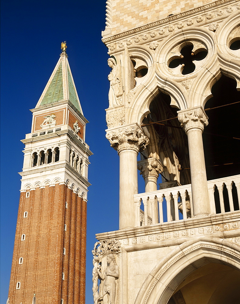 The Campanile and the Doges Palace in St Marks Square, Venice, Veneto, Italy 