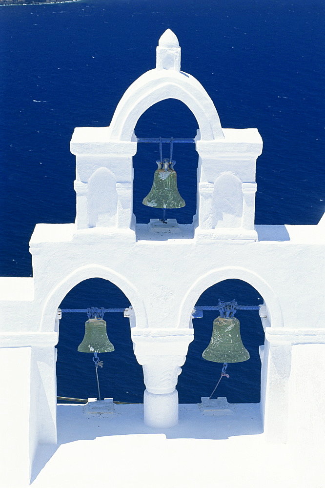 Whitewashed belltower, Fira, Santorini, Cyclades, Greek Islands, Greece, Europe