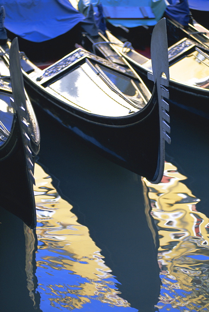 Gondola and reflections, Orsseole, near St. Mark's Square, Venice, Veneto, Italy, Europe