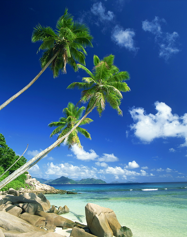 La Digue with Praslin island in background, Anse Severe, Seychelles, Indian Ocean, Africa