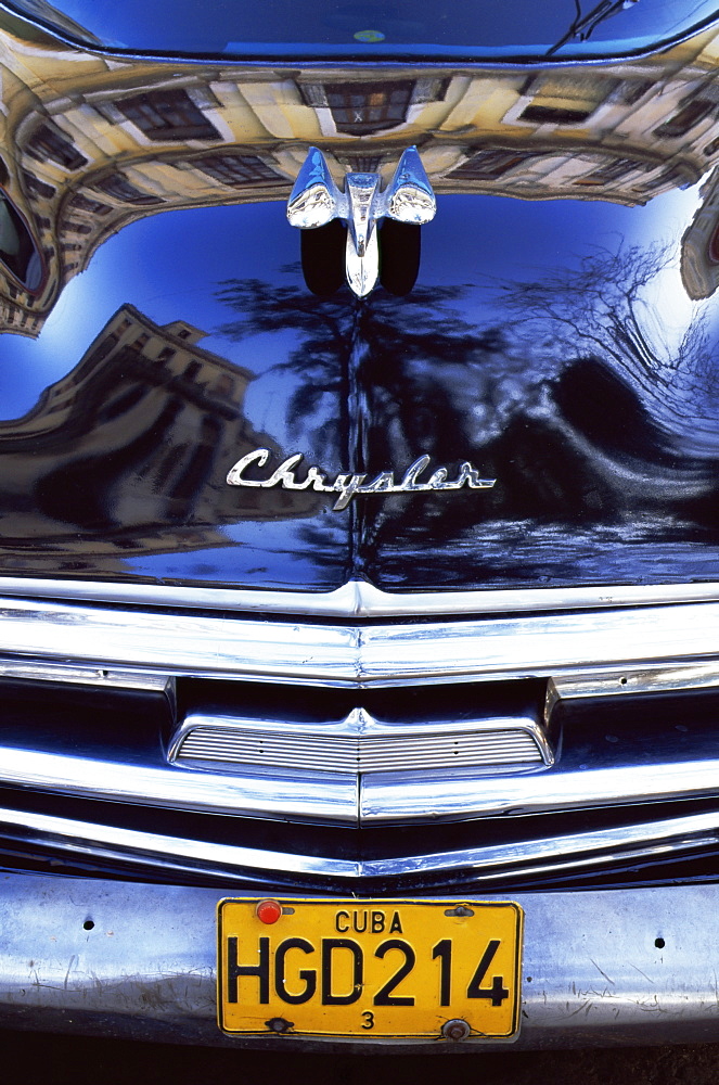 Detail of classic black Chrysler car with reflections in paintwork, Havana, Cuba, West Indies, Central America