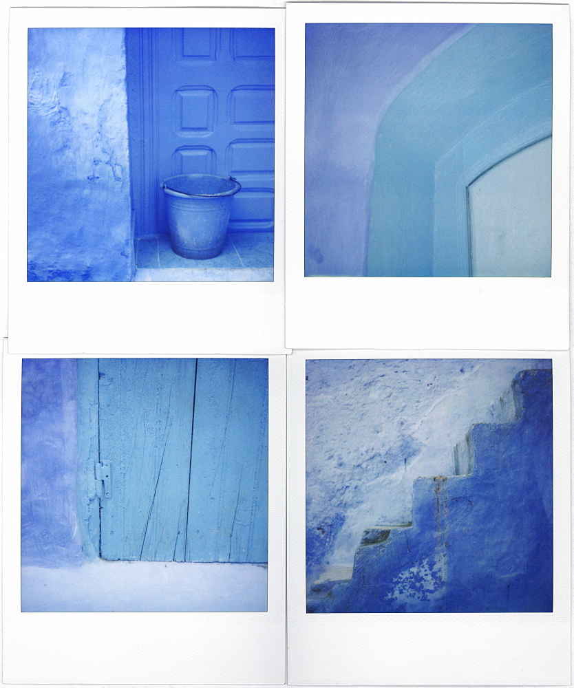 Montage of four Polaroid images of blue walls, doors and steps, Chefchaouen, Morocco, North Africa, Africa