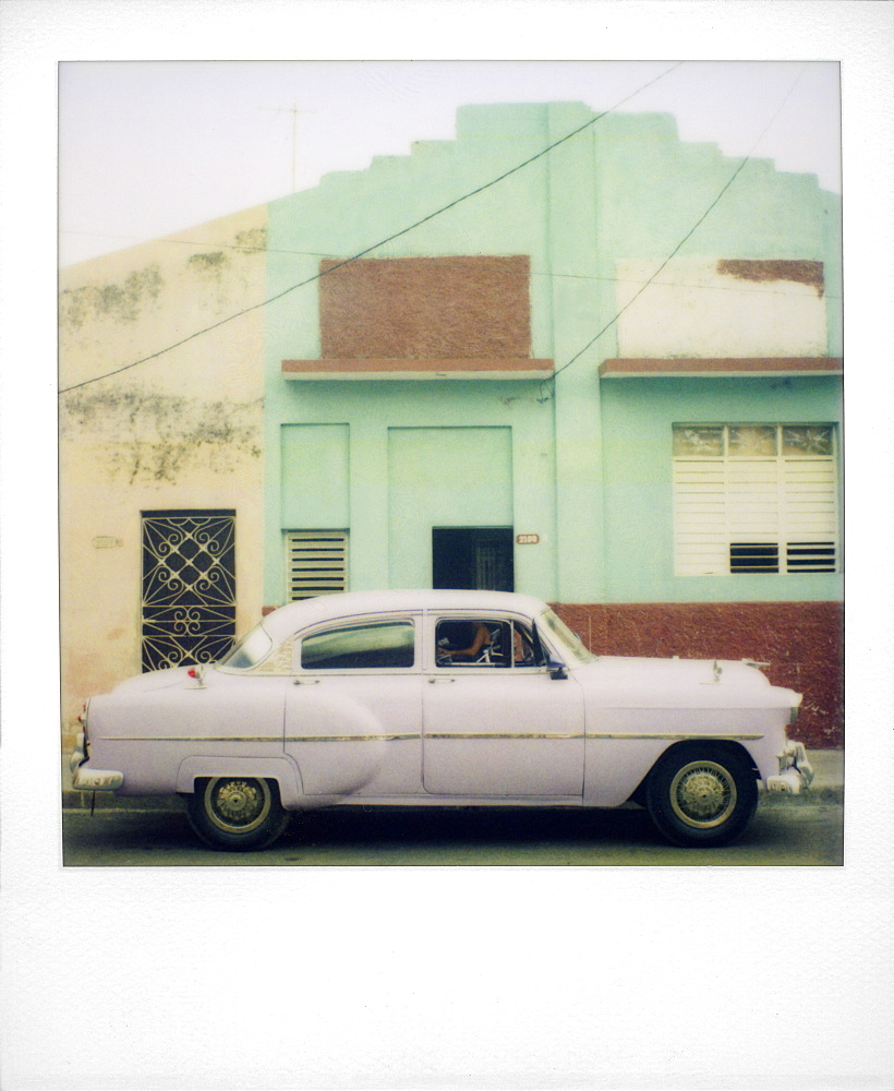 Polaroid of purple classic American car, Cienfuegos, Cuba, West Indies, Central America