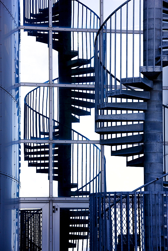 Spiral staircase and its reflection outside Perlan, a modern building housing the Saga Museum, Reykjavik, Iceland, Polar Regions